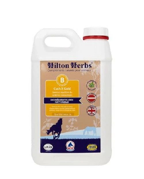 Hilton Herbs Cush X Gold pour cheval 5 L Hilton Herbs Cush X Gold Pour Cheval 5 L -Animaux Fourniture Magasin hilton herbs cush x gold pour cheval 5 l