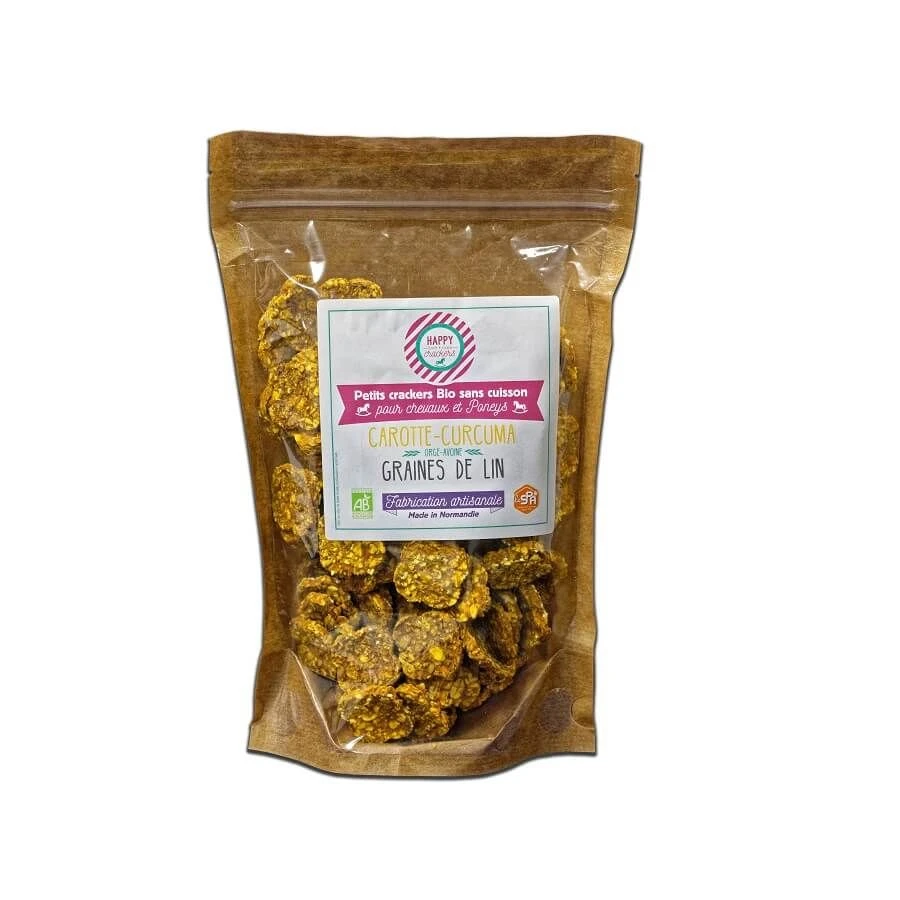 Happy Crackers Carotte & Curcuma pour cheval 300 g Happy Crackers Carotte & Curcuma Pour Cheval 300 G -Animaux Fourniture Magasin hp muesli graines de lin 300g